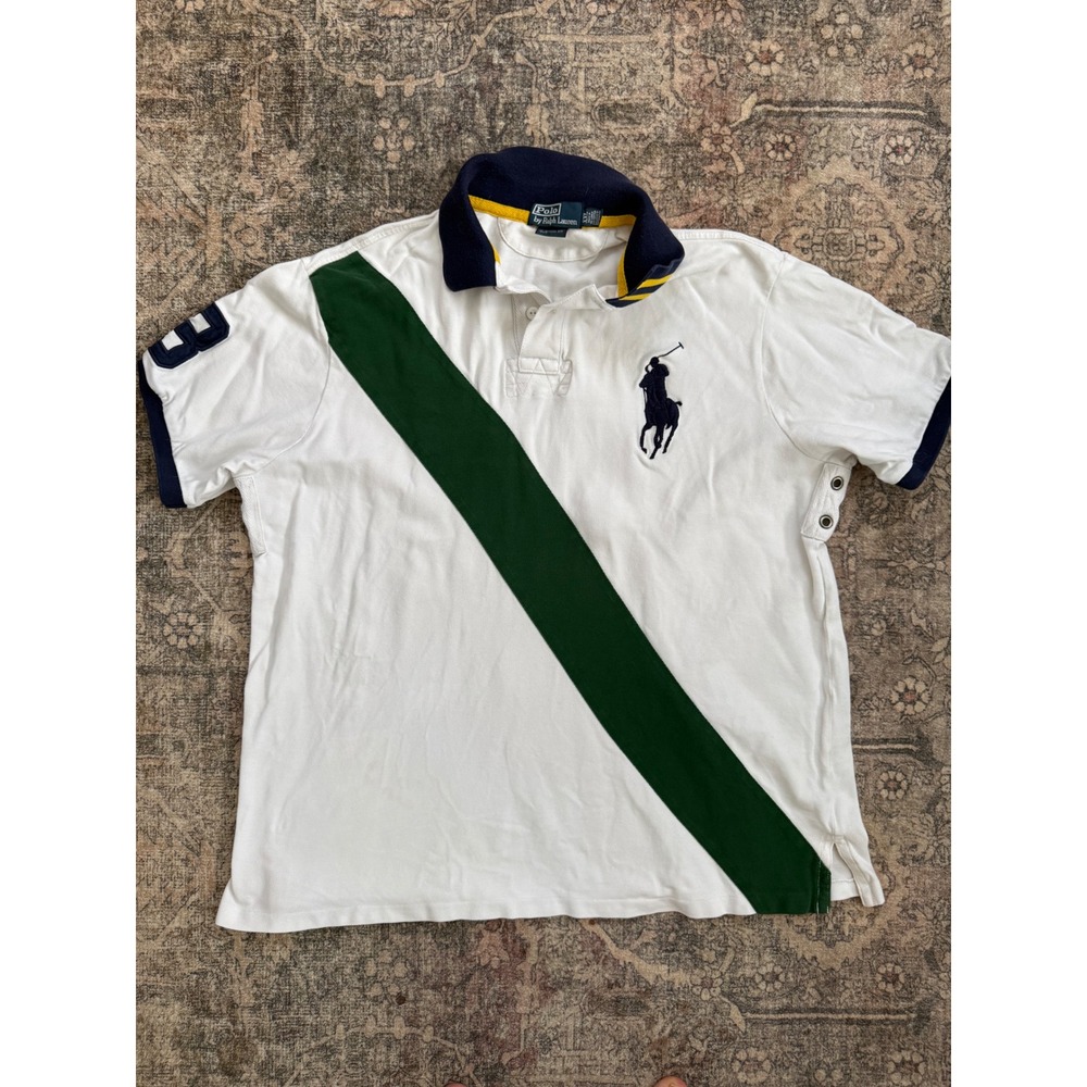 Vtg Polo Ralph Lauren Big Pony Sash Polo Shirt White Green Navy XXL Custom Fit